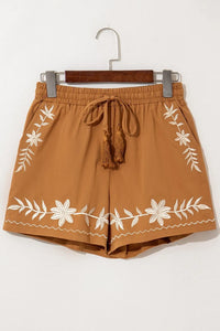 Embroidered Boho Tasseled Drawstring Elastic Waist Casual Shorts