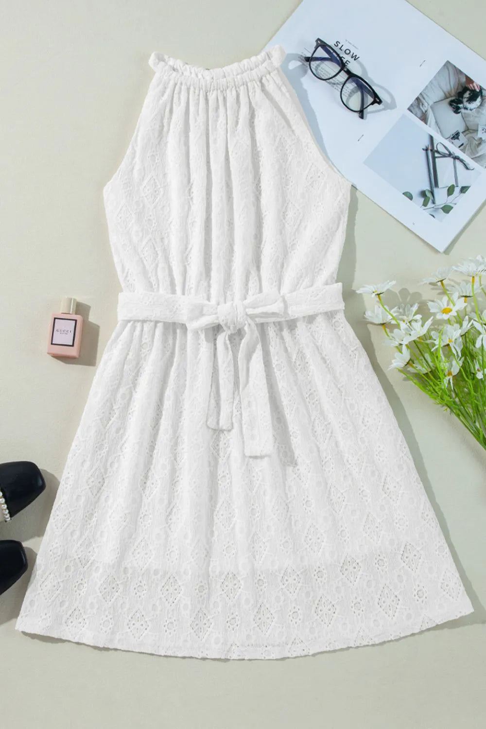 Lace Sleeveless Tied Waist Mini Dress