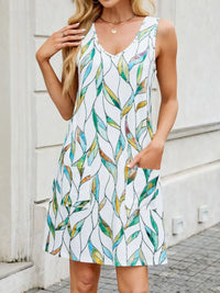 Printed V-Neck Sleeveless Mini Dress with Pockets