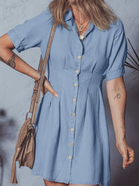 Denim Pleated Slim Waist Short Sleeve Shirt Dress