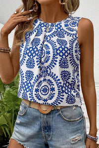 Printed Crew Neck Sleeveless Top