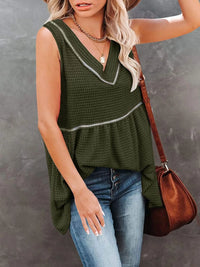 V-Neck Contrast Trim Waffle Knit Tank Top
