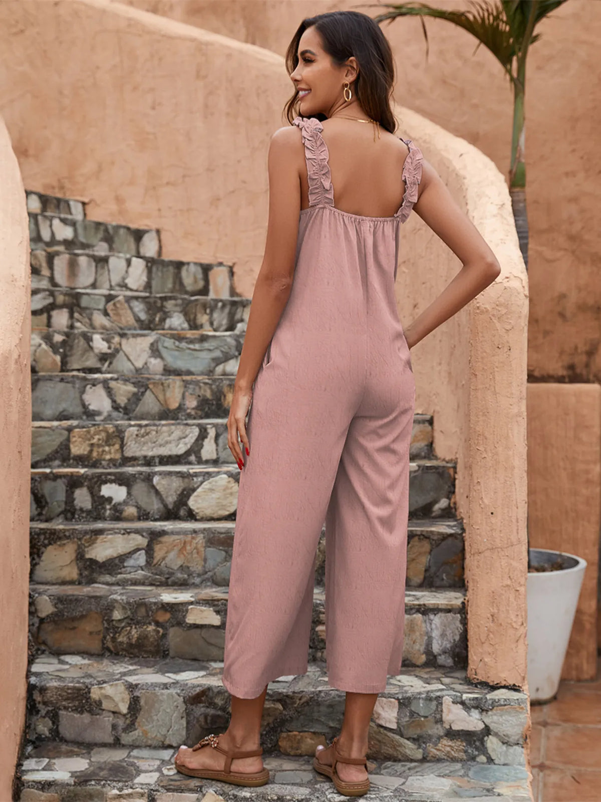 Wide Leg Ruffle Strap Jumpsuit