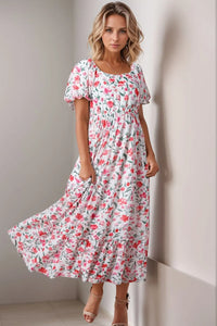 Floral Short Puff Sleeve Tiered Dress
