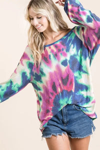 BiBi Tie Dye Print Terry Top with Puff Sleeves
