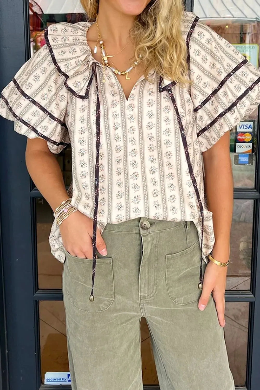 Floral Ruffled Collar Short Puff Sleeve Printed Blouse