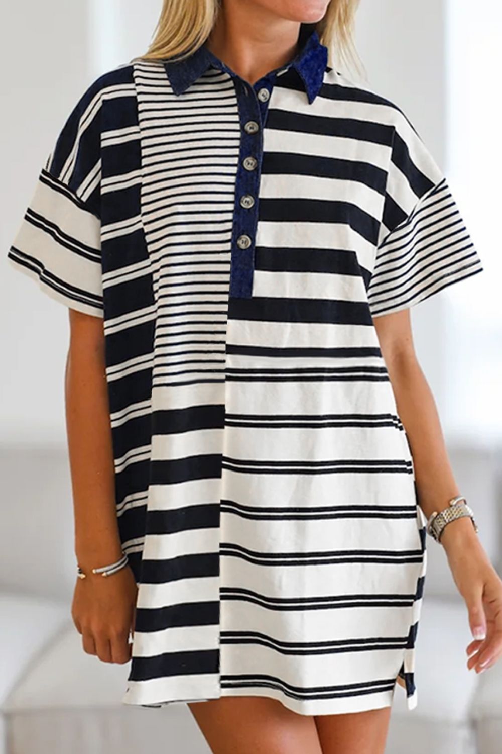 Button Detail Striped Short Sleeve Mini Dress