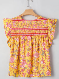 Floral Notched Neck Ruffled Sleeve Casual Blouse