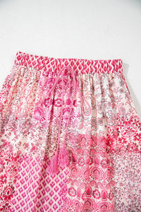 Printed Tassel Drawstring High Waist Maxi Skirt