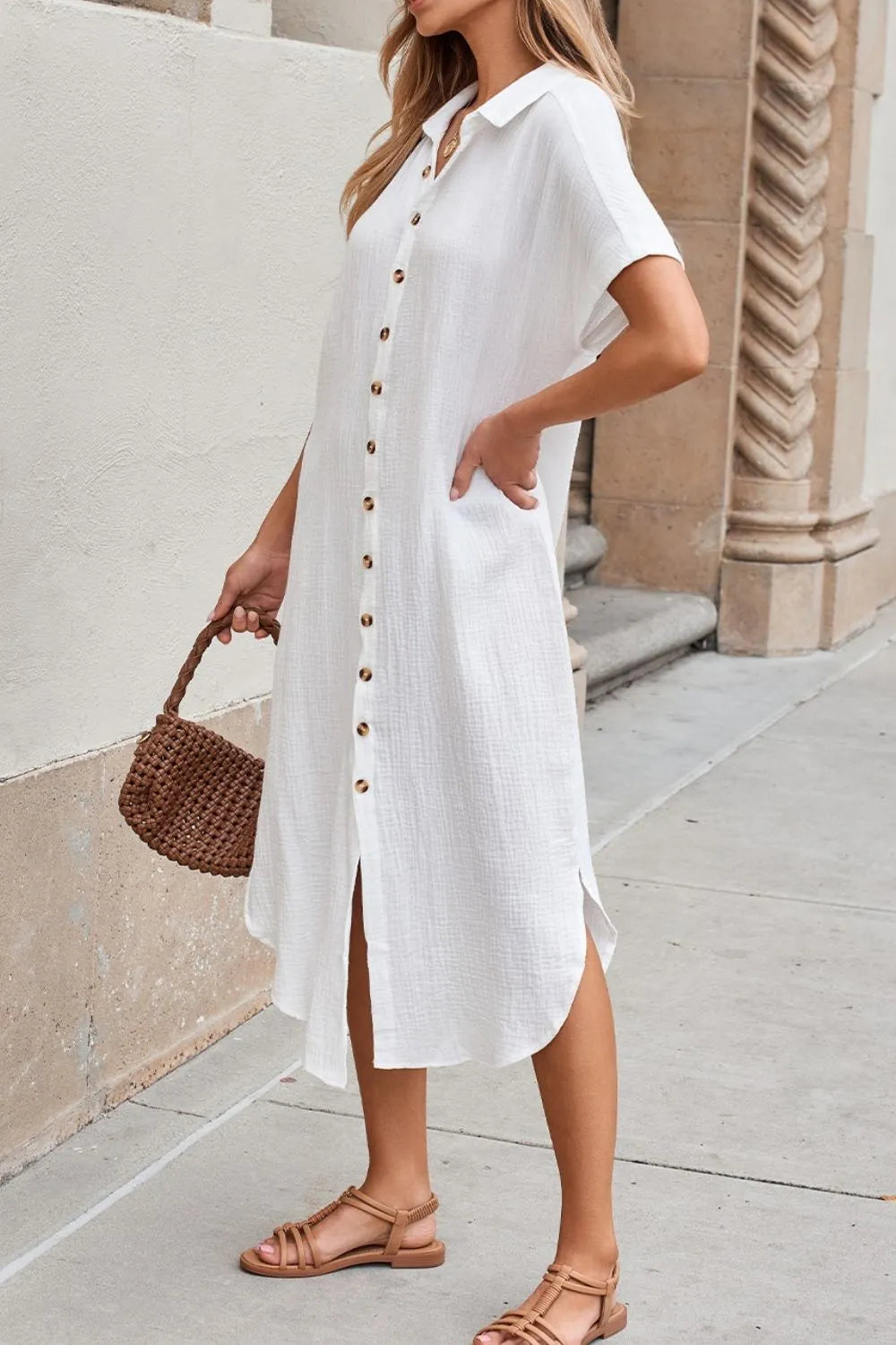 Button Down Short Sleeve Midi Shirt Dress