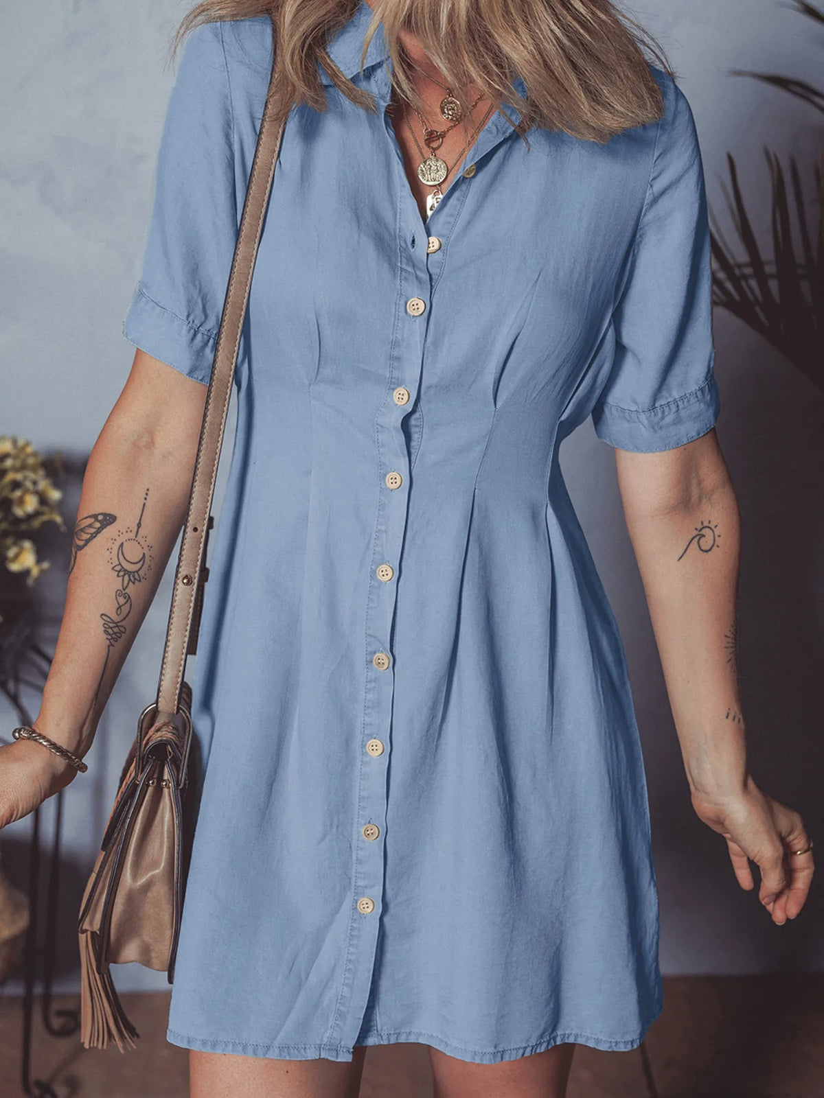 Denim Pleated Slim Waist Short Sleeve Shirt Dress