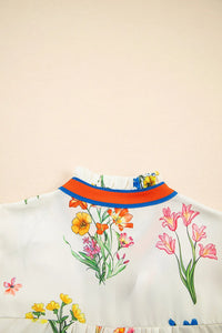 Floral Short Puff Sleeve Notched Blouse