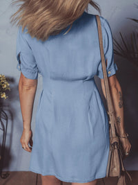 Denim Pleated Slim Waist Short Sleeve Shirt Dress