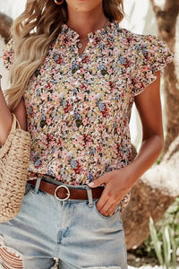 Floral Print Ruffle Cap Sleeve Blouse