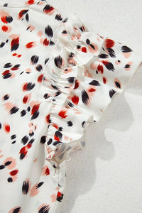 Abstract Print Ruffle Flutter Sleeve Keyhole Back Slim Blouse