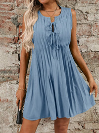 Tied Front Pleated Sleeveless Mini Dress