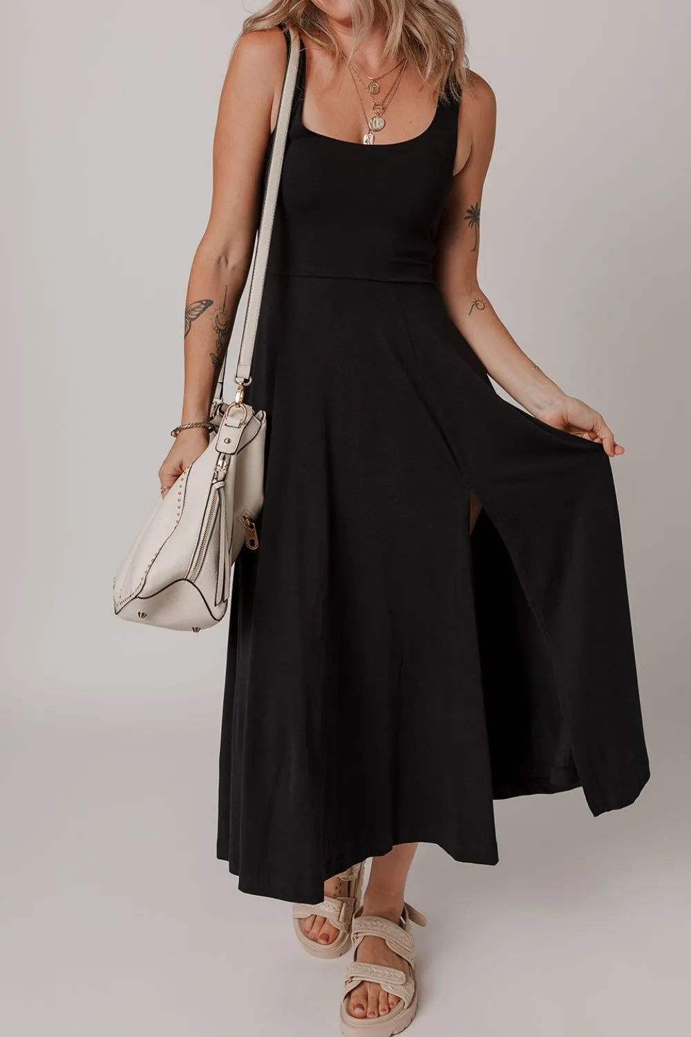 Side Slit Scoop Neck Wide Strap Dress