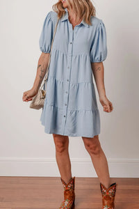 Button Up Puff Sleeve Tiered Shirt Dress