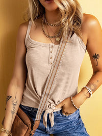 Full Size Ribbed Button Front Tie Hem Cami Tank Top Plus Size