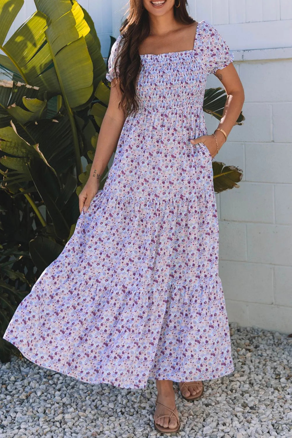 Tiered Floral Shirred High Waist Maxi Dress