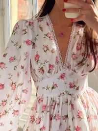 Full Size Floral Print Lace Detail V-Neck Mini Dress Plus SIze