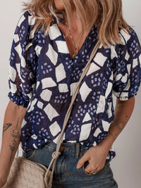 Abstract Print Frilled Puff Sleeve V Neck Blouse