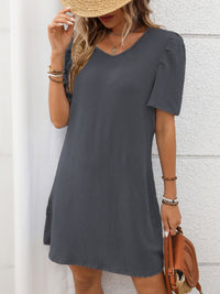 Textured Round Neck Short Sleeve Mini Dress