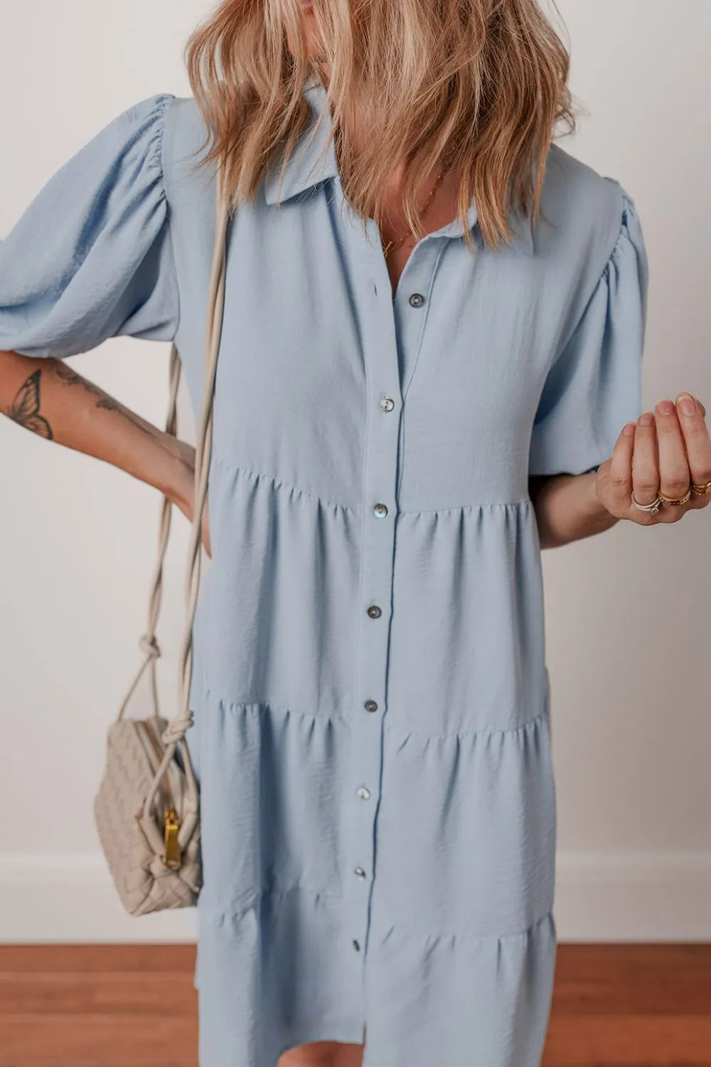 Button Up Puff Sleeve Tiered Shirt Dress