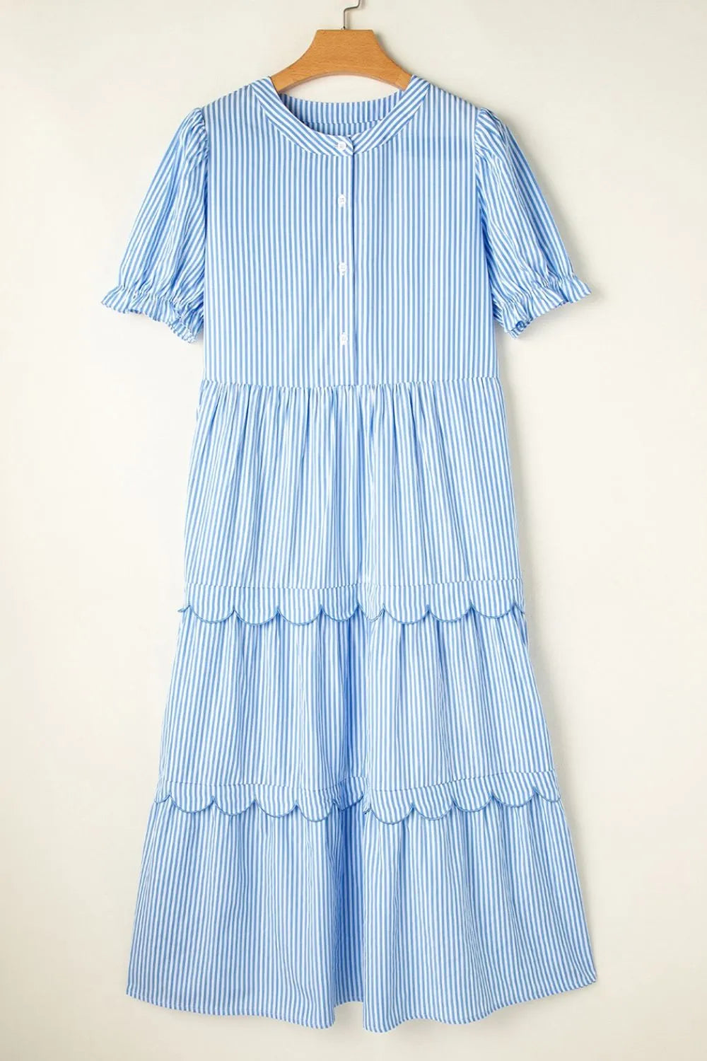 Stripe Bubble Short Sleeve Tiered Scallop Midi Dress