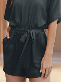 V-Neck Half Sleeve Tie Waist Romper