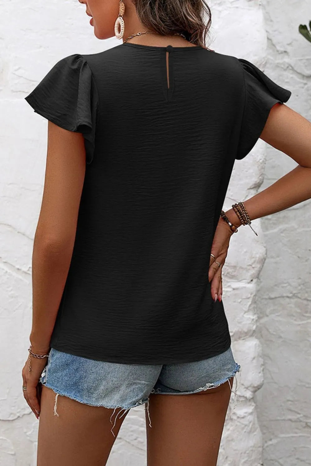 Ruffle Sleeve Round Neck Casual Blouse