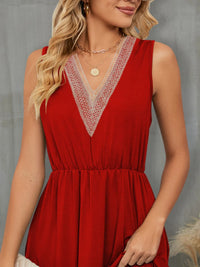 V-Neck Sleeveless Midi Dress with Lace Trim