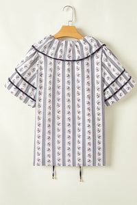Floral Ruffled Collar Short Puff Sleeve Printed Blouse