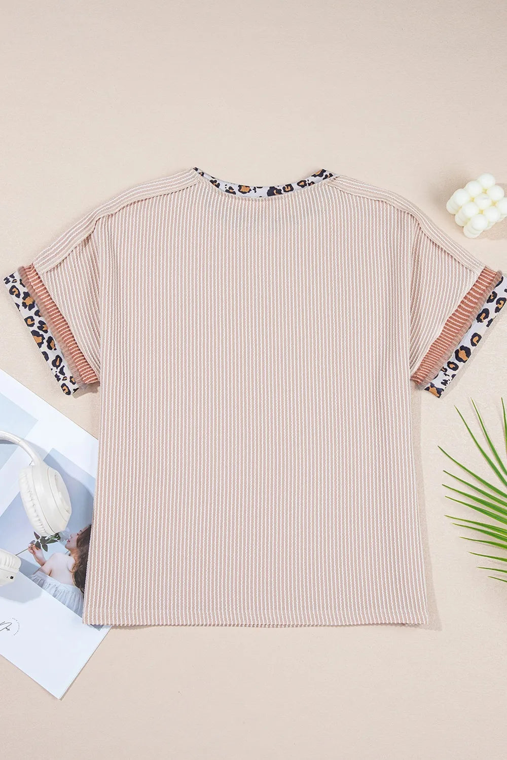 Leopard Trim Round Neck Ribbed T-Shirt
