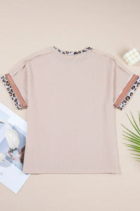 Leopard Trim Round Neck Ribbed T-Shirt