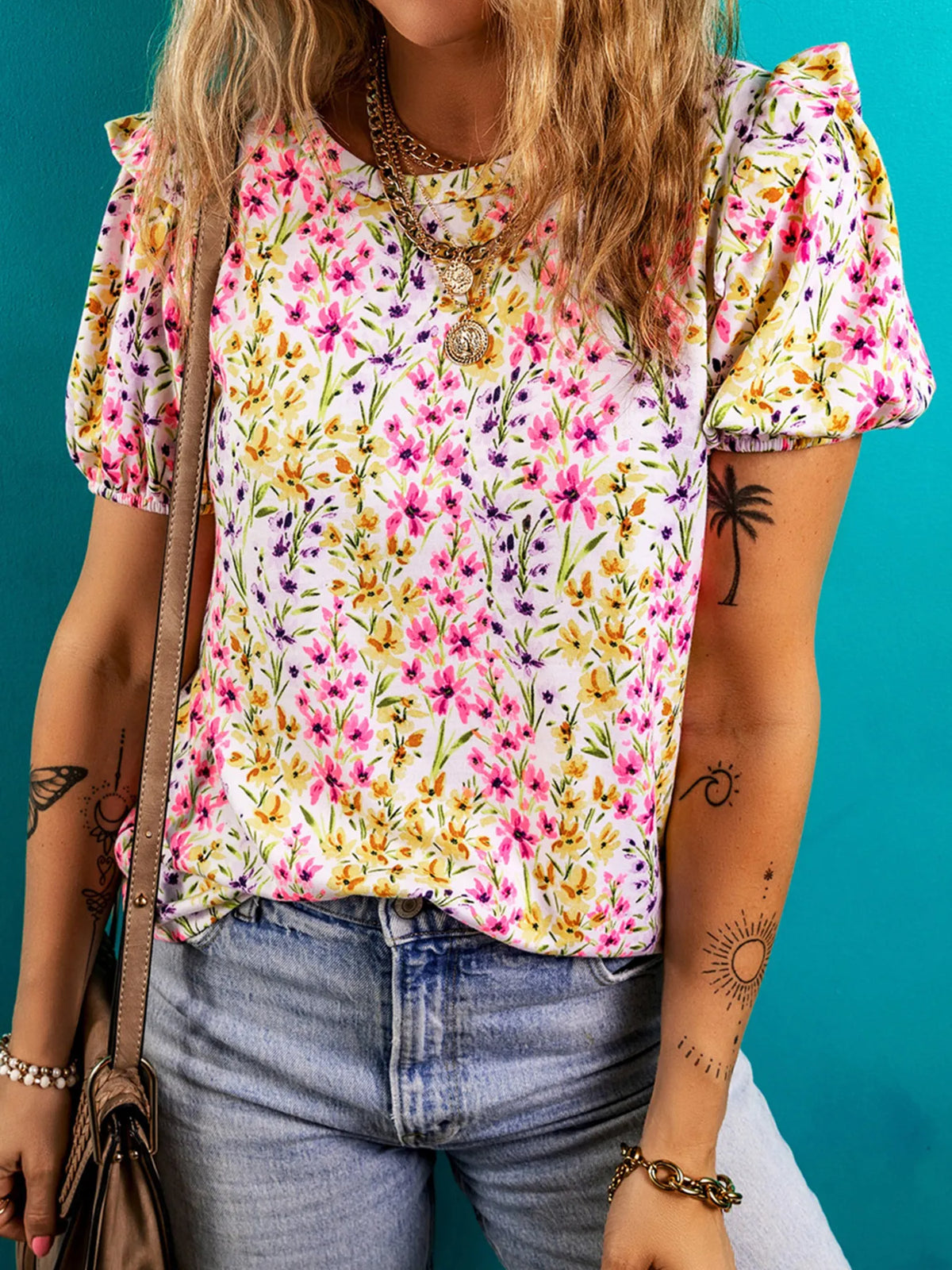 Floral Puff Sleeve Crewneck Blouse