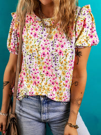 Floral Puff Sleeve Crewneck Blouse