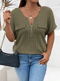 Plus Size Ribbed Half Zip Relaxed Fit T-Shirt