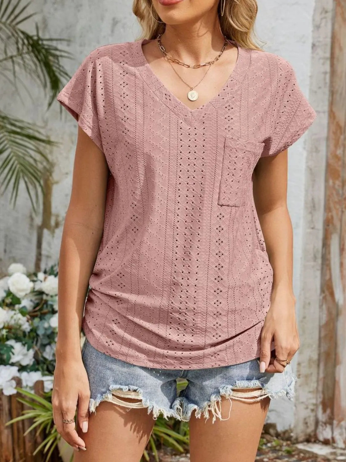 Eyelet V-Neck Short Sleeve Top