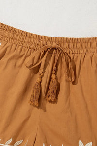 Embroidered Boho Tasseled Drawstring Elastic Waist Casual Shorts