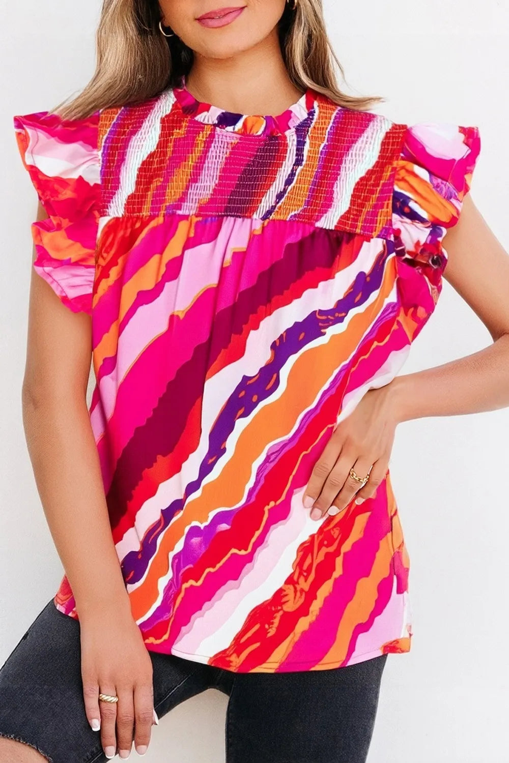 Abstract Print Shirred Yoke Ruffled Blouse