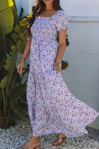 Tiered Floral Shirred High Waist Maxi Dress