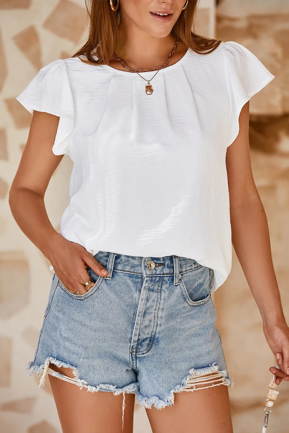 Ruffle Sleeve Round Neck Casual Blouse