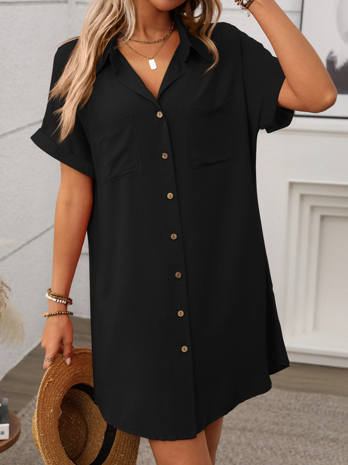Button Down Short Sleeve Mini Dress