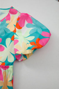 Floral Print Bubble Sleeve V Neck Peplum Blouse