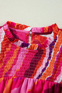 Abstract Print Shirred Yoke Ruffled Blouse