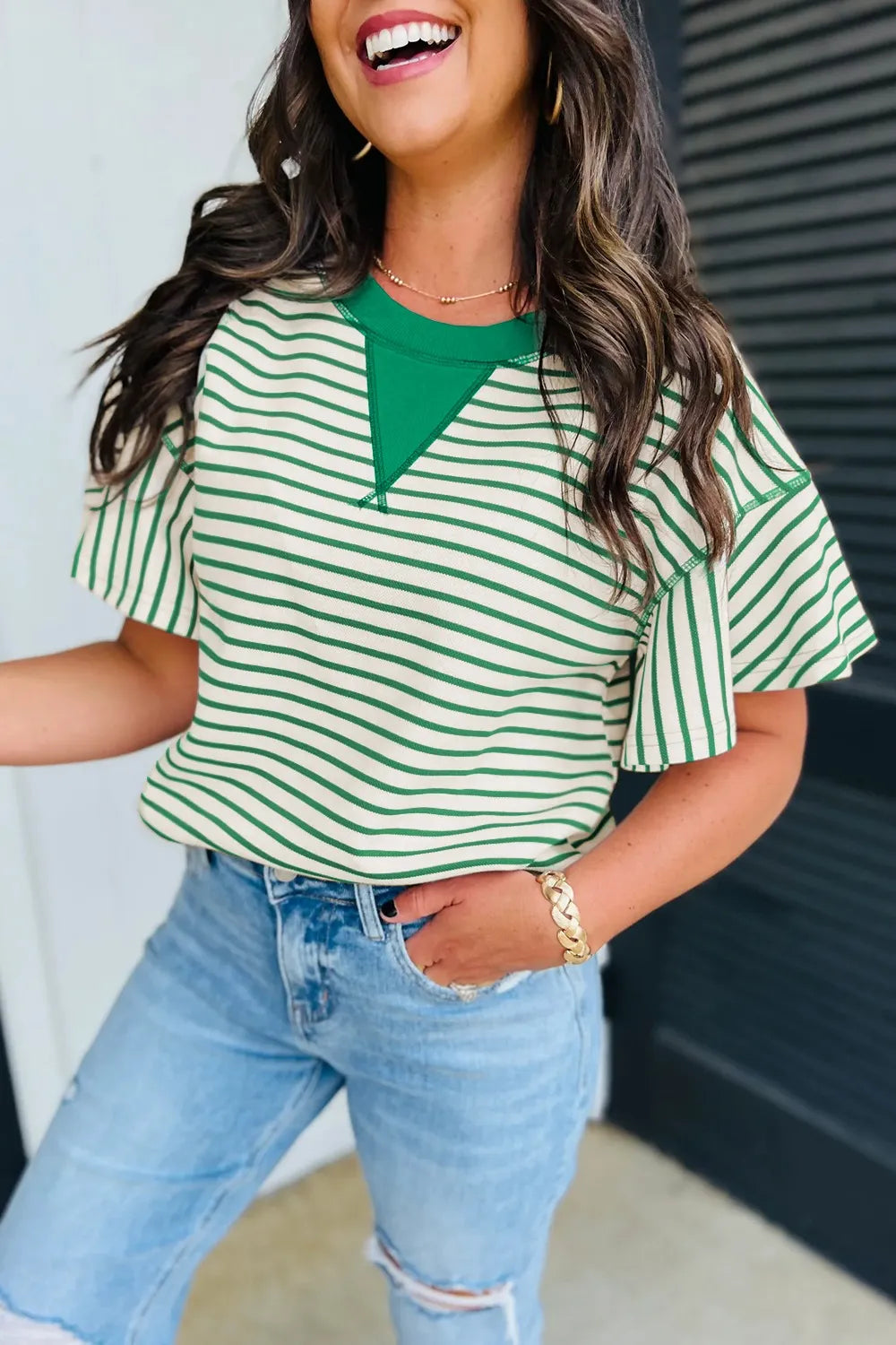 Striped Flounce Sleeve Casual Blouse