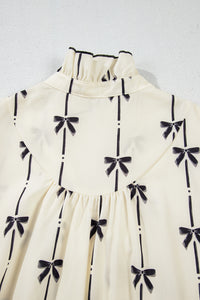 Frill Bow Print Notched Short Sleeve Mini Dress