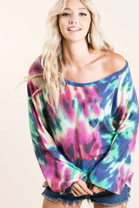 BiBi Tie Dye Print Terry Top with Puff Sleeves
