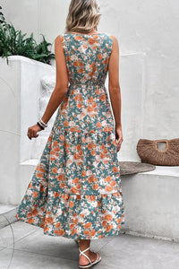 Floral Print Trimmed V Neck Tie Waist Sleeveless Dress